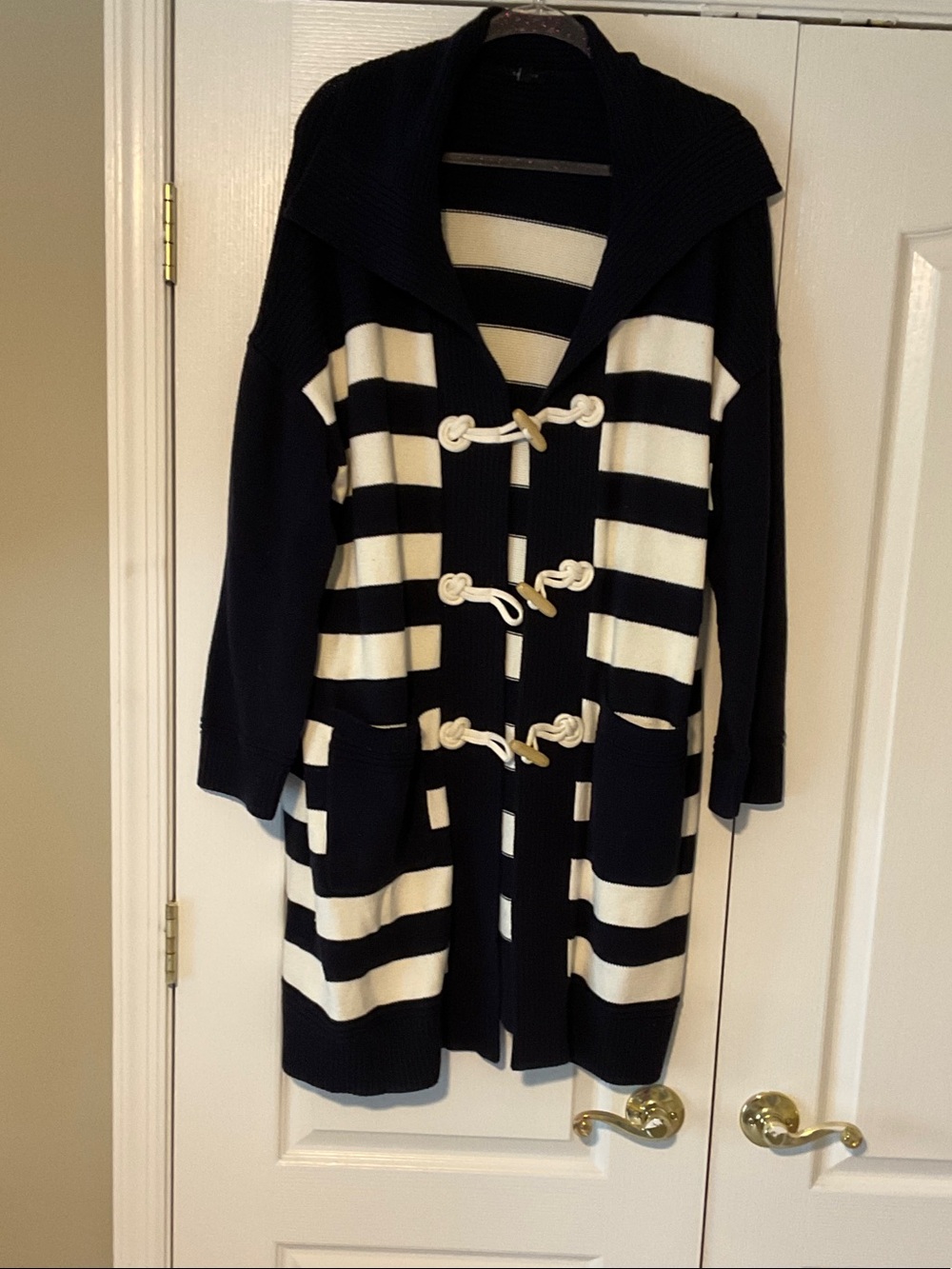 Talbots Navy and White Striped Toggle Cardigan Sweater